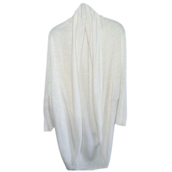 Theory Cocoon Long Curved Hem Cardigan Sweater Open Front Sz M/L Ivory Linen/Vis - Picture 2 of 9